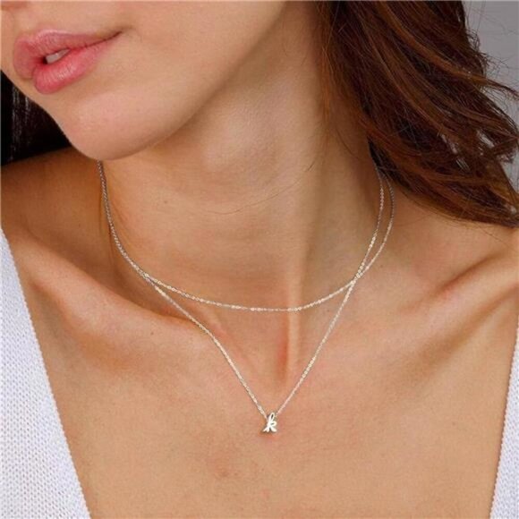 Dainty Layered Initial Necklace – Silver Letter "A" Pendant 14K White Gold Plate - Picture 3 of 6